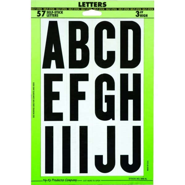 Hy-Ko 3" Black On White Vinyl Letters, Self-Adhesive, 57 Pieces