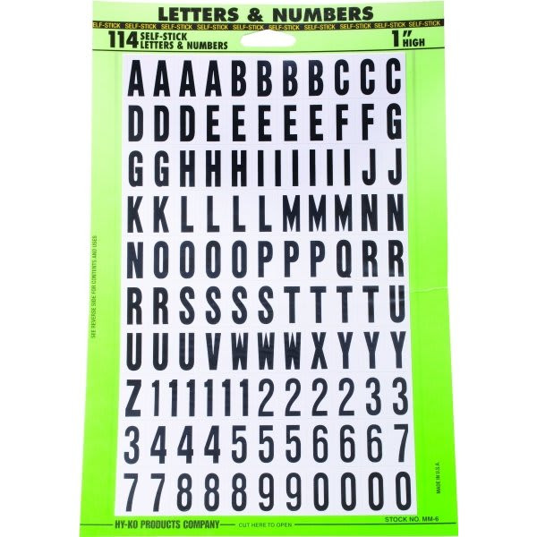Hy-Ko 1" Black On White Vinyl 114 Piece Letter And Number Sticker Kit