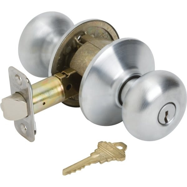 Schlage Plymouth F Series Knob, Entry, Grade Aaa, Die Cast Zinc, Satin Chrome