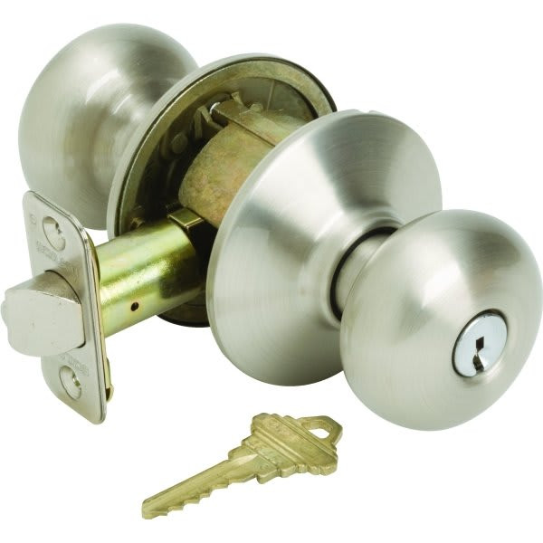 Schlage Plymouth F Series Knob, Entry, Grade Aaa, Die Cast Zinc, Satin Nickel