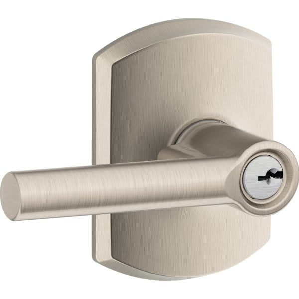 Schlage Broadway F Series Lever With Greenwich Trim, Entry, Grade Aaa, Satin Nickel