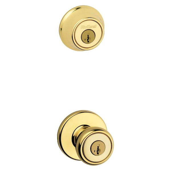 Kwikset Tylo Polished Brass Keyed Entry Knob And Single Cylinder Deadbolt Combo With Smartkey Security