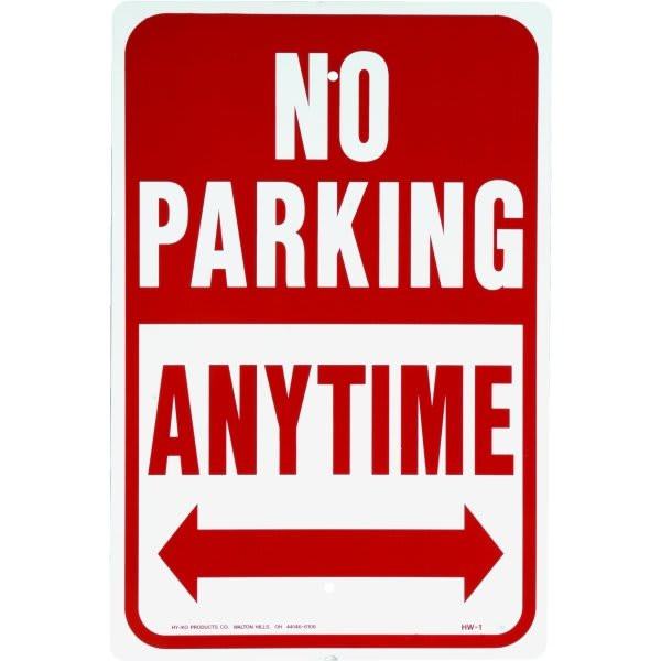 Hy-Ko "No Parking Anytime" Arrow Sign, Aluminum, 12 X 18"