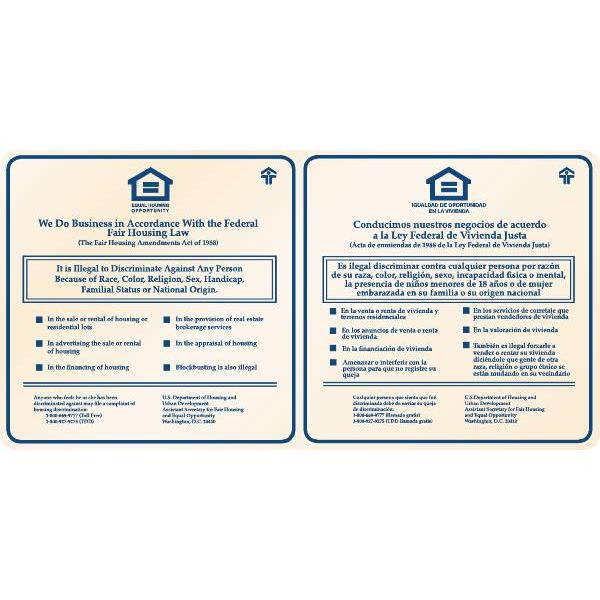 Bilingual Fair Housing Interior Sign, Blue On Ivory, 28 X 22