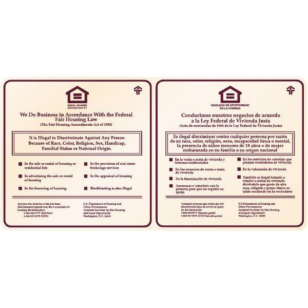 Bilingual Fair Housing Interior Sign, Burgundy On Ivory, 28 X 22