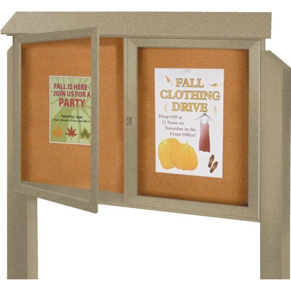 Enclosed Double Door Corkboard, Post Mount, Weathered Wood, 45" X 30"