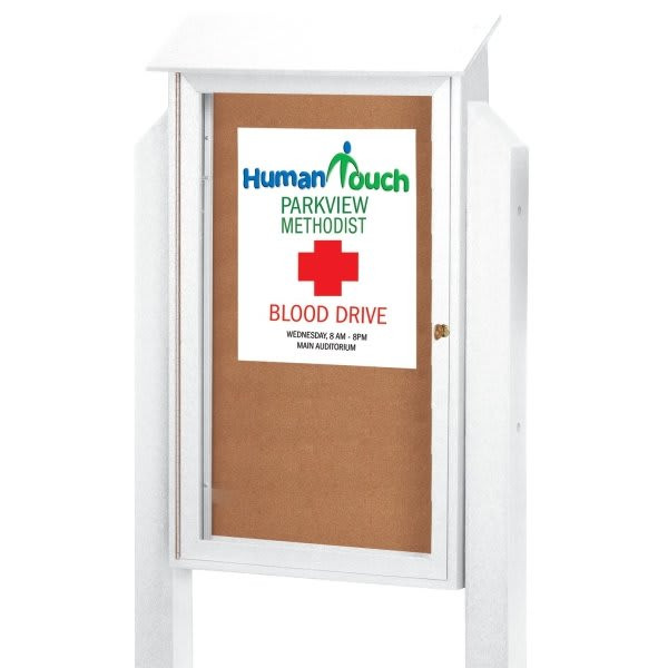 Enclosed Single Door Corkboard, Post Mount, White, 38 X 54"