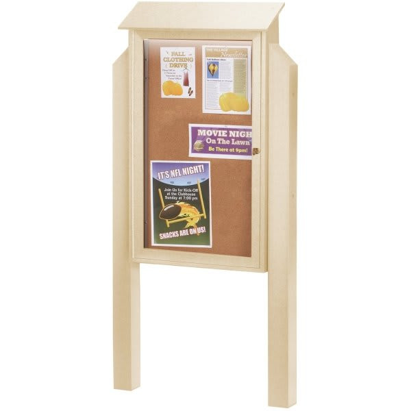 Enclosed Single Door Outdoor Corkboard, Post Mount, Sand, 26 X 42"