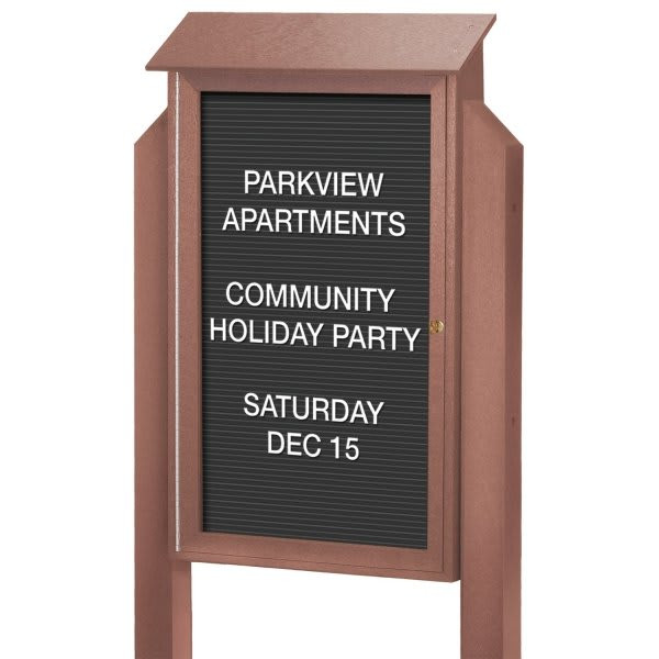 Enclosed Single Door Outdoor Letter Board, Post Mount, Weathered Wood, 38 X 54"