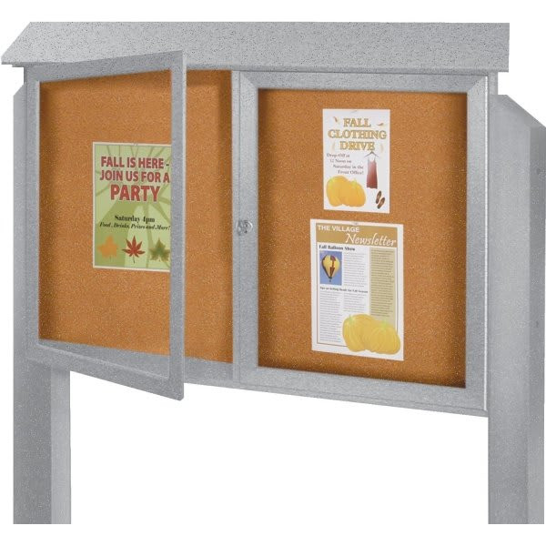 Enclosed Double Door Outdoor Corkboard, Post Mount, Gray, 52 X 40"
