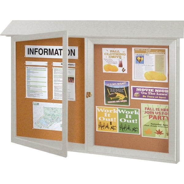 Enclosed Double Door Indoor Corkboard, Wall Mount, Light Gray, 45" X 3'