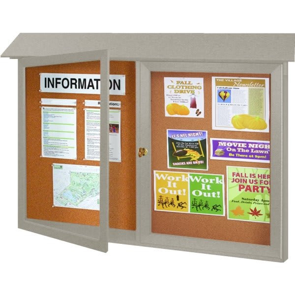 Enclosed Double Door Outdoor Corkboard, Wall Mount, Gray, 52 X 40"