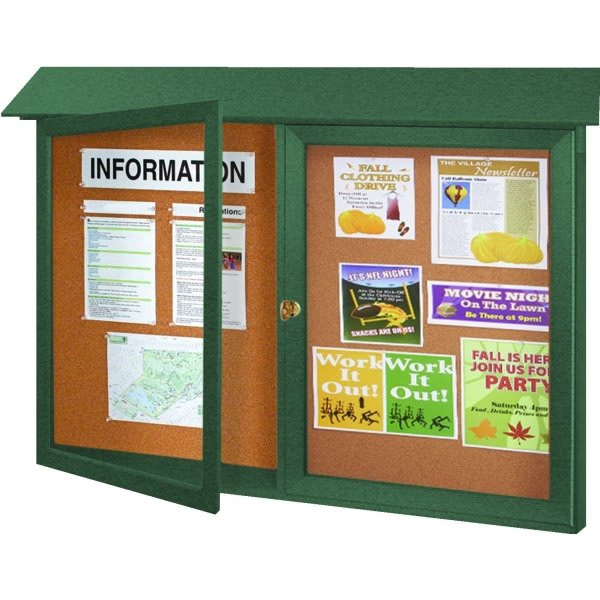 Enclosed Double Door Corkboard, Wall Mount, Green, 52 X 40"