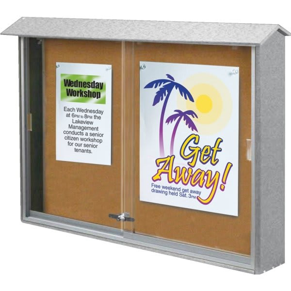Enclosed Sliding Door Corkboard, Wall Mount, Gray, 45" X 3'6"