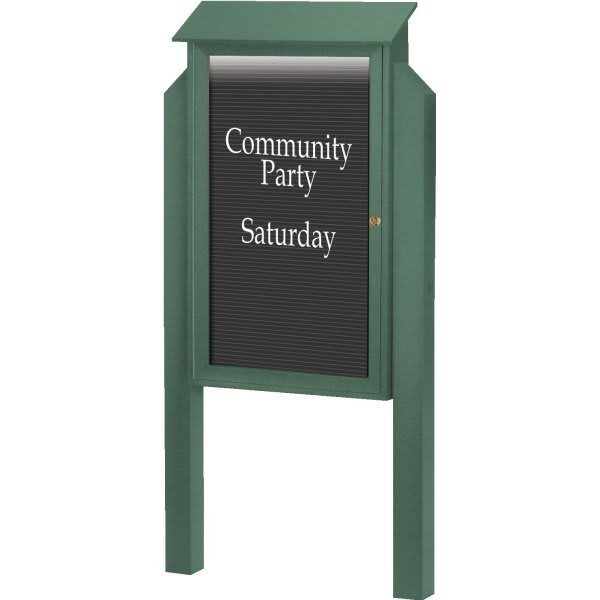 Enclosed Single Door Outdoor Letter Board, Lighted Post Mount, Green, 32 X 48"