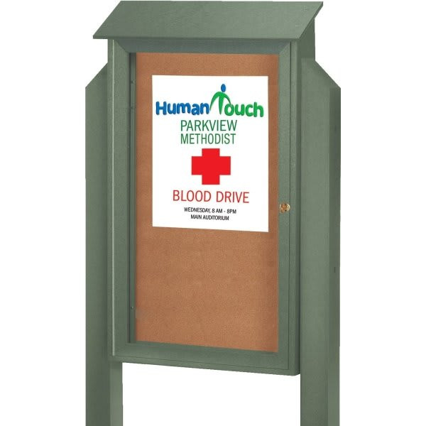 Enclosed Single Door Corkboard, Lighted Post Mount, Green, 26 X 42"