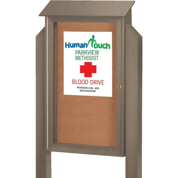 Enclosed Single Door Corkboard, Lighted Post Mount, Weathered Wood, 26 X 42"