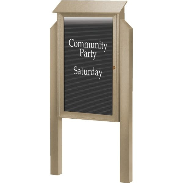 Enclosed Single Door Letter Board, Lighted Post Mount, Weathered Wood, 26 X 42"