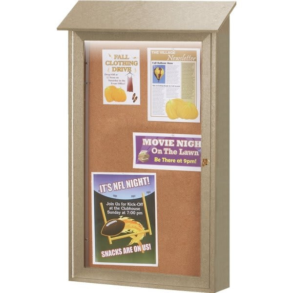 Enclosed Single Door Corkboard, Lighted Wall Mount, Weathered Wood, 32 X 48"