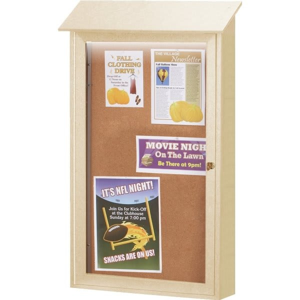 Enclosed Single Door Corkboard, Lighted Wall Mount, Sand, 26 X 42"
