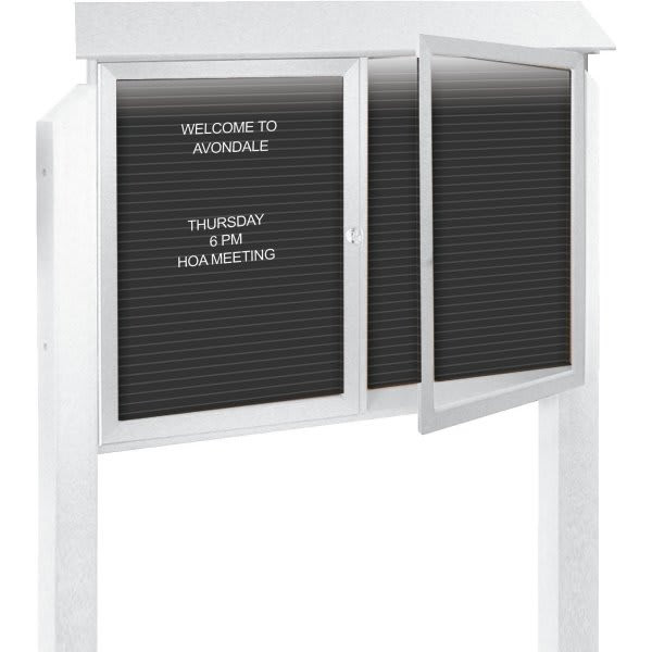 Enclosed Double Door Letter Board, Light Post, White, 45" X 3'