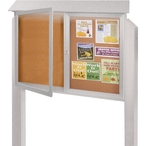 Enclosed Double Door Corkboard, Light Post, Light Gray, 45" X 3'