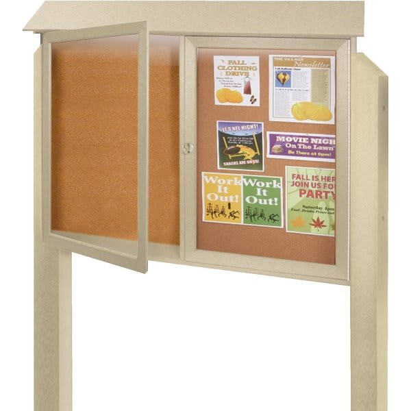 Enclosed Double Door Corkboard, Lighted Post Mount, Sand, 45" X 3'6"