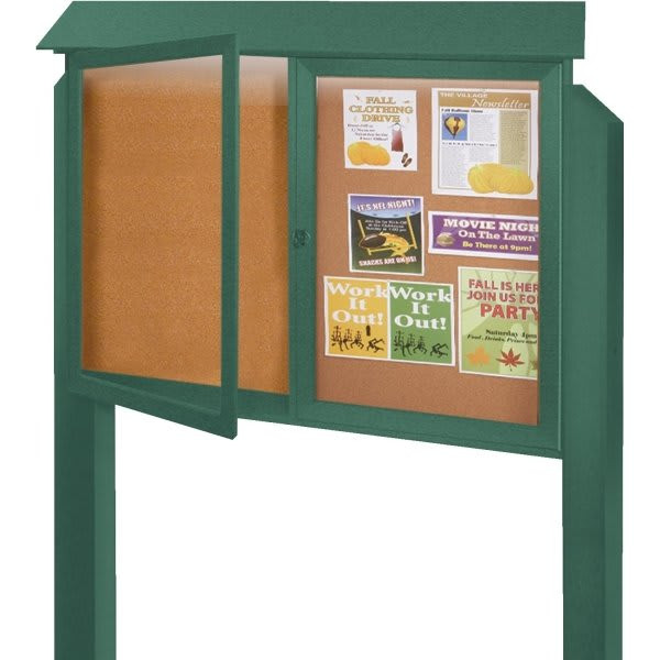Enclosed Double Door Corkboard, Lighted Post Mount, Green, 45" X 3'6"
