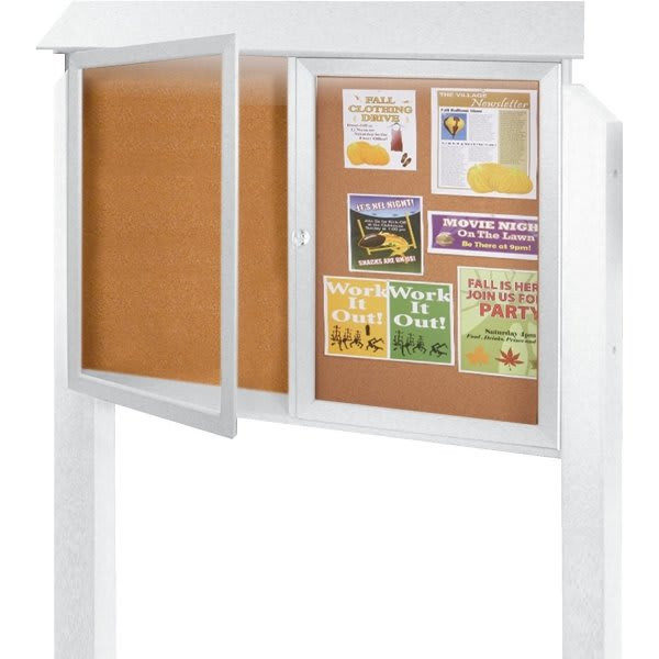 Enclosed Double Door Corkboard, Lighted Post Mount, White, 45" X 3'6"
