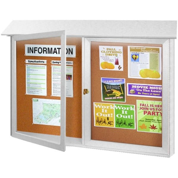 Enclosed Double Door Corkboard, Lighted Wall Mount, White, 52 X 40"