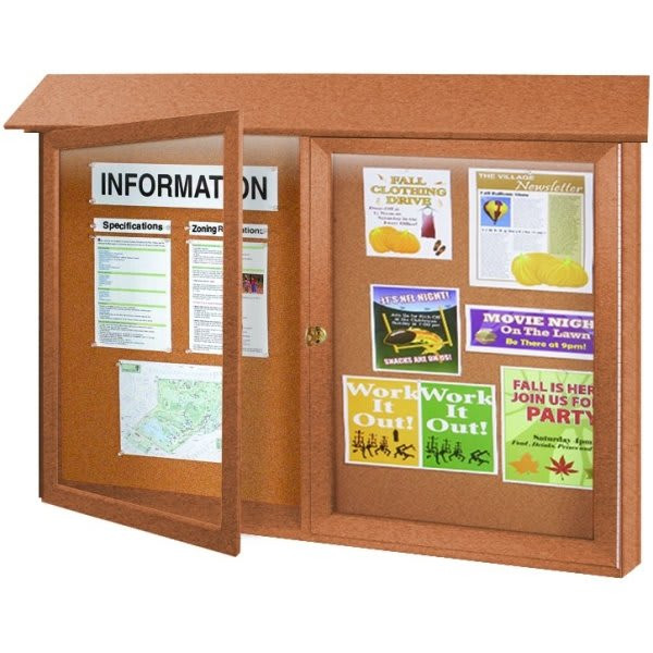 Enclosed Double Door Outdoor Corkboard, Lighted Wall Mount, Cedar, 45" X 3'