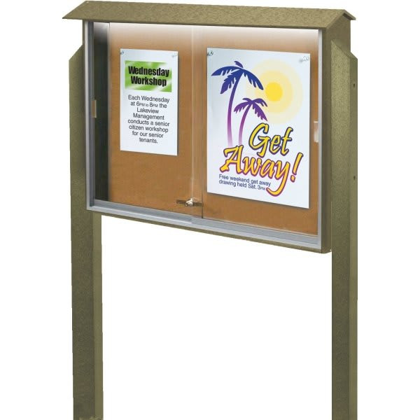 Enclosed Sliding Door Corkboard, Lighted Post Mount, Weathered Wood, 52 X 40"