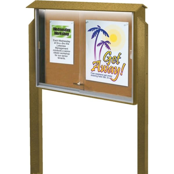 Enclosed Single Door Corkboard, Lighted Post Mount, Cedar, 45" X 3'6"