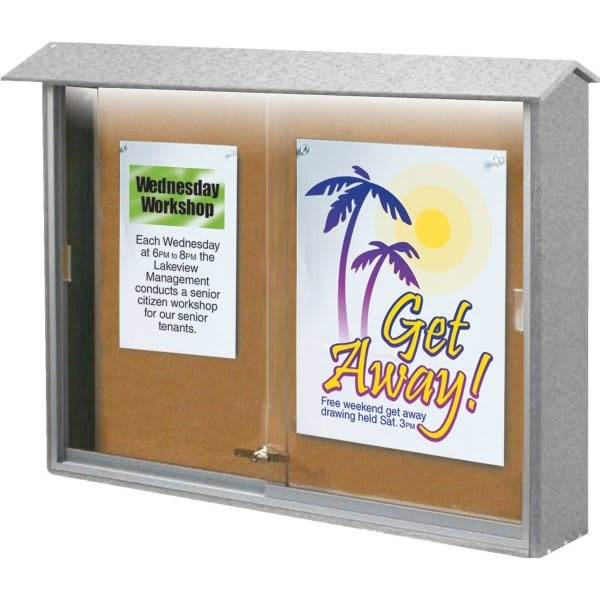 Enclosed Sliding Door Corkboard, Lighted Wall Mount, Light Gray, 52 X 40"