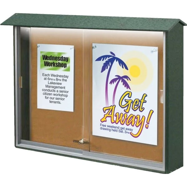 Enclosed Sliding Door Corkboard, Lighted Wall Mount, Woodland Green, 45" X 3'6"