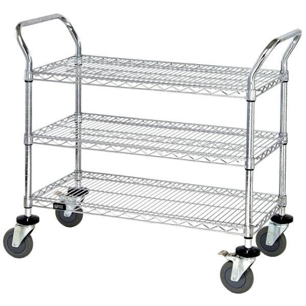 Quantum Storage Systems Chrome Wire Shelving Mobile Cart With 3 Shelves 24wx30lx37-1/2h