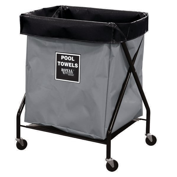 Royal Basket Trucks 6 Bushel X-Frame Cart & Gray Vinyl Bag Labeled Pool Towels