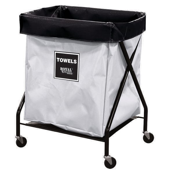 Royal Basket Trucks 8 Bushel X-Frame Cart & White Vinyl Bag Labeled Towels