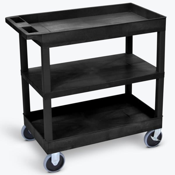 Luxor 18" X 35" 2-Tub / 1-Flat Shelf Heavy Duty Utility Cart In Black