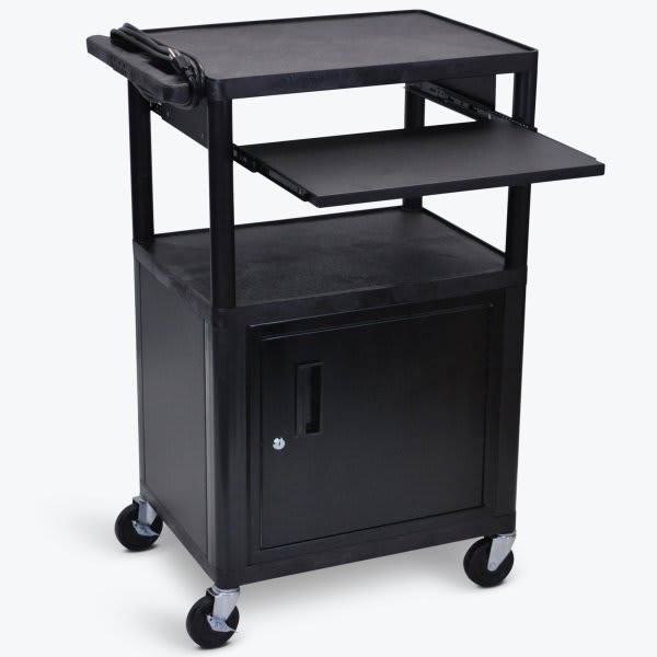 Luxor 18" X 24" 3-Flat Shelf A/V Cart With Cabinet And Pullout Shelf In Black
