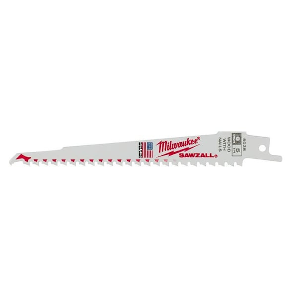 Milwaukee Sawzall 6 In. 5 TPI Thin Kerf Bi-Metal Wood Cutting Reciprocating Saw Blade, 5-Pack