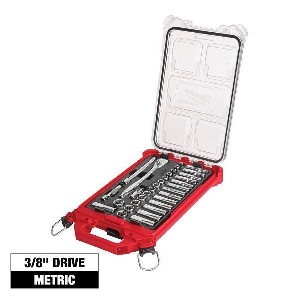 Milwaukee 3/8 In. Drive Metric Ratchet And Socket Mechanics Tool Set W/ Packout Case, 32 Piece