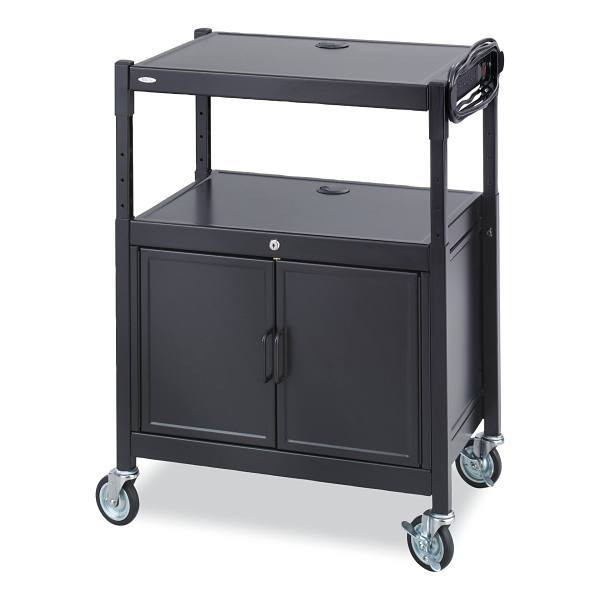 Safco Steel Adjustable Av Cart With Cabinet, 3 Shelf, 26.75x20.5x42, Black