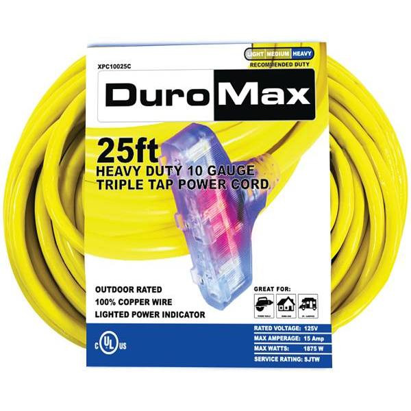 Duromax 25 Ft. 10 Ga Portable Generator Triple Tap Extension Power Cord