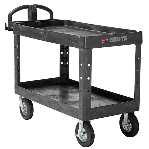Rubbermaid Commercial BRUTE Large Utility Cart With Ergo Handle, Heavy Duty, Lipped Shelves, 750 Lb Capacity, Black FG454610BLA
