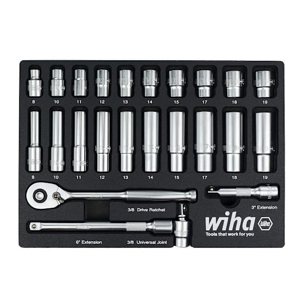 Wiha 24 Piece 3/8" Drive Professional Standard And Deep Socket Tray Set - Metric