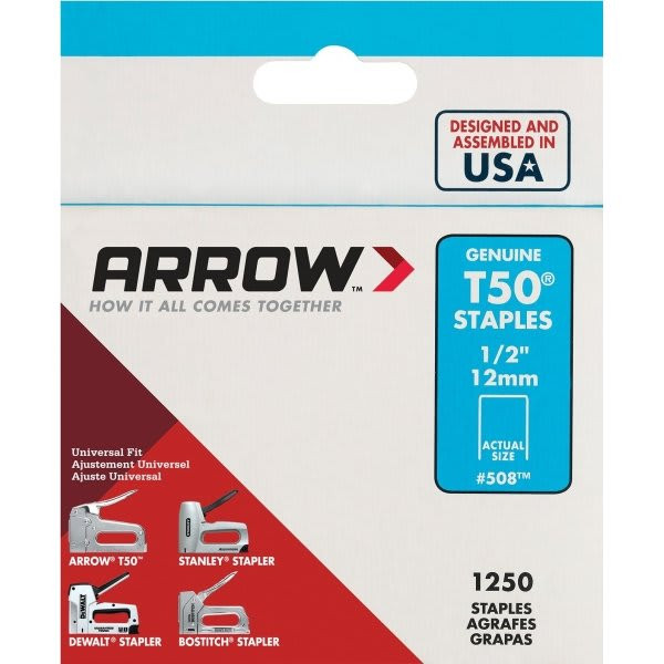 Arrow T50 1/2" Staples- Heavy Duty Steel  Package Of 1250