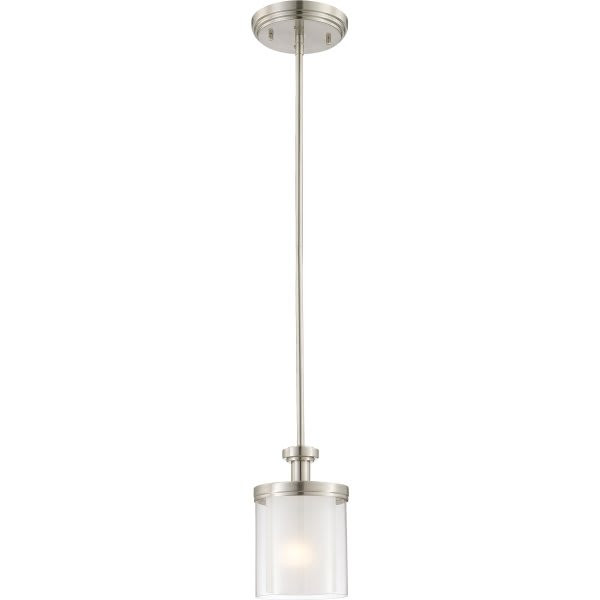 Satco Nuvo Brushed Nickel Decker 1-Light Mini Pendant, Clear And Frosted Glass