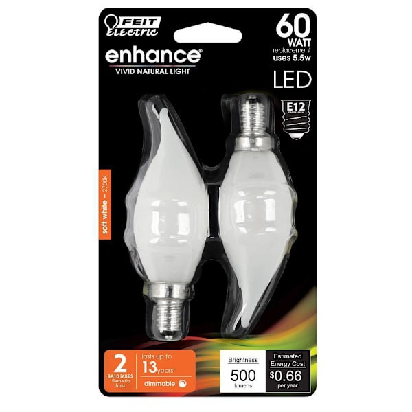 FEIT Ba10 5.5 Watt 2700k E12 Base Frosted Filament Flame Tip LED Bulb (12-Pack)