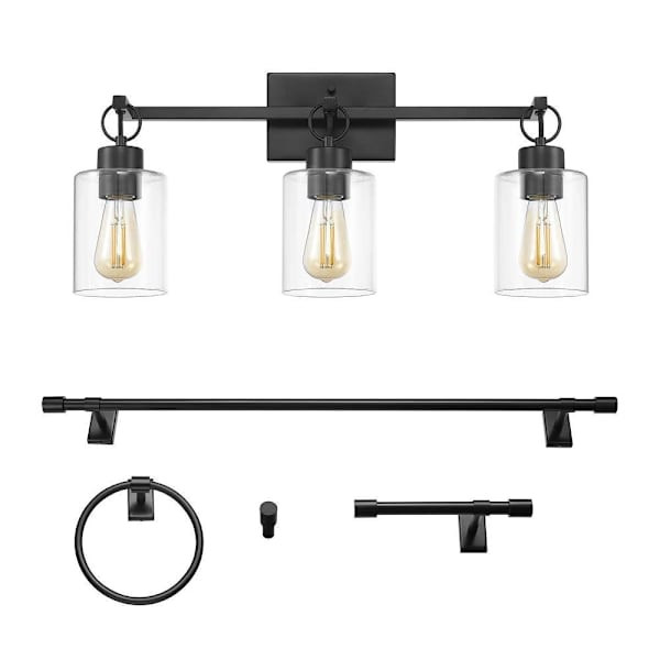 Globe Electric Woods 24" 3-Light Matte Black Vanity Light, Clear Shades